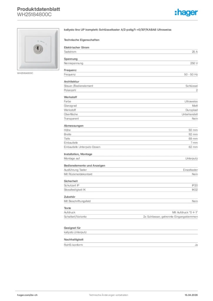 Bild Hager Produktdatenblatt WH25184800C | Hager Schweiz