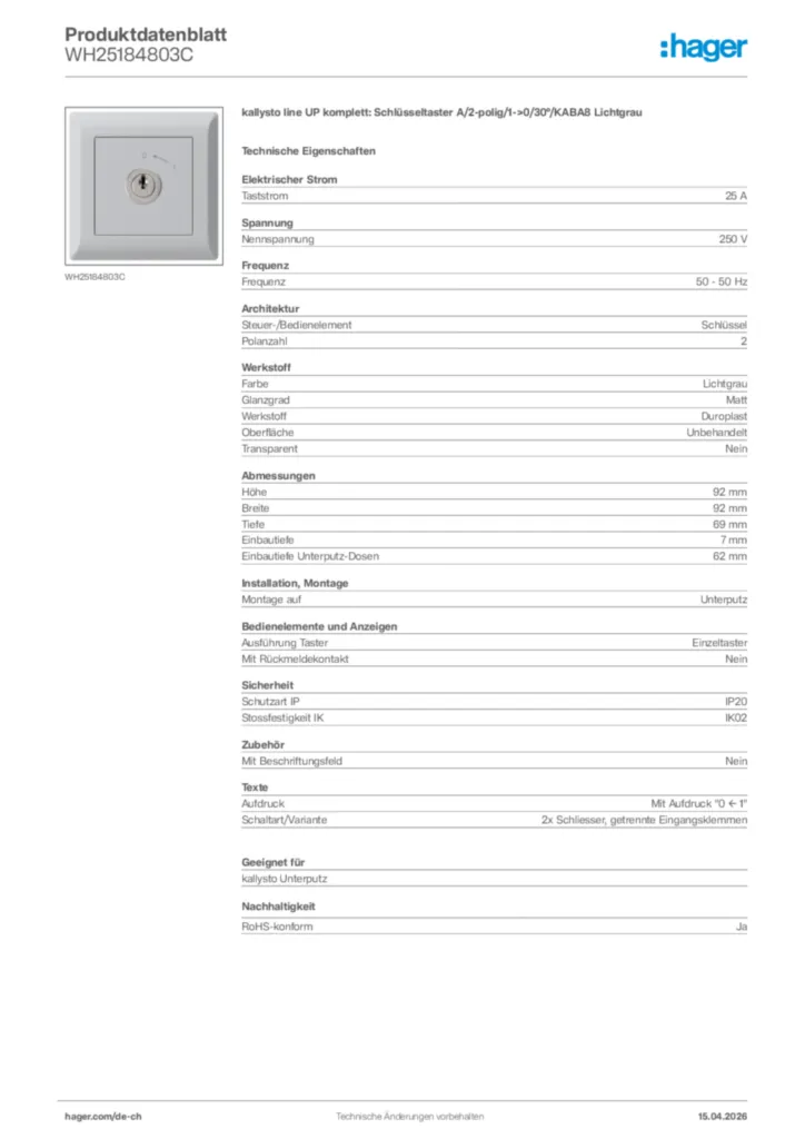 Bild Hager Produktdatenblatt WH25184803C | Hager Schweiz