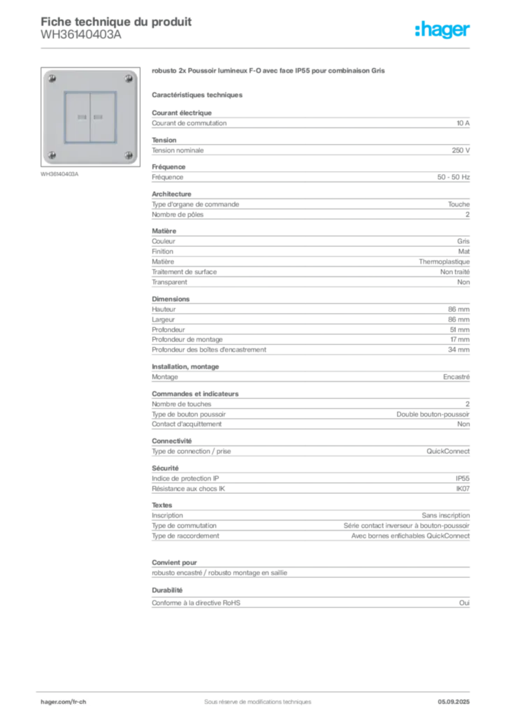 Image Hager Fiche technique du produit WH36140403A | Hager Suisse