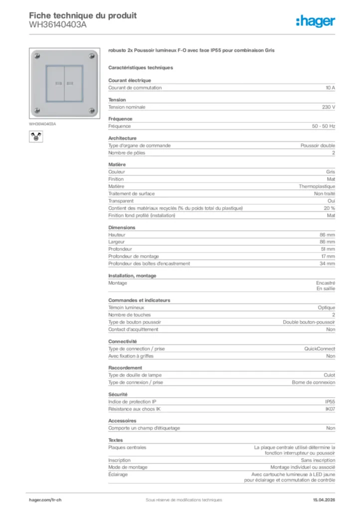 Image Hager Fiche technique du produit WH36140403A | Hager Suisse