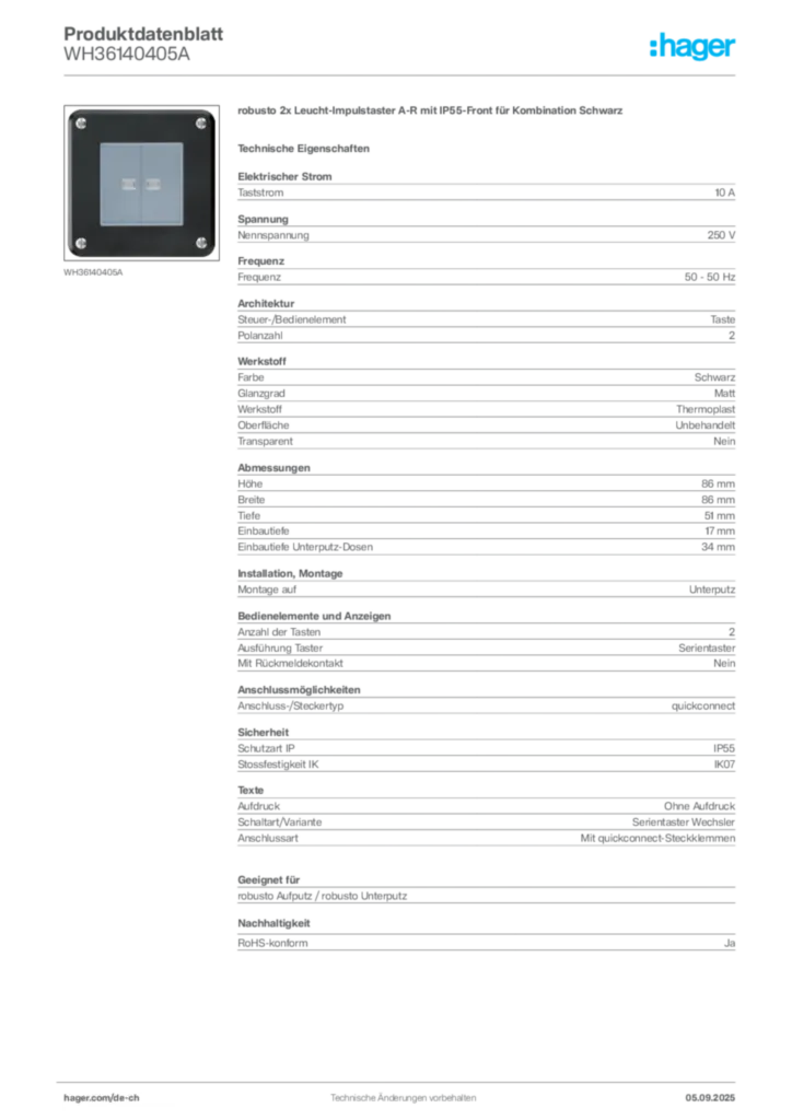Bild Hager Produktdatenblatt WH36140405A | Hager Schweiz