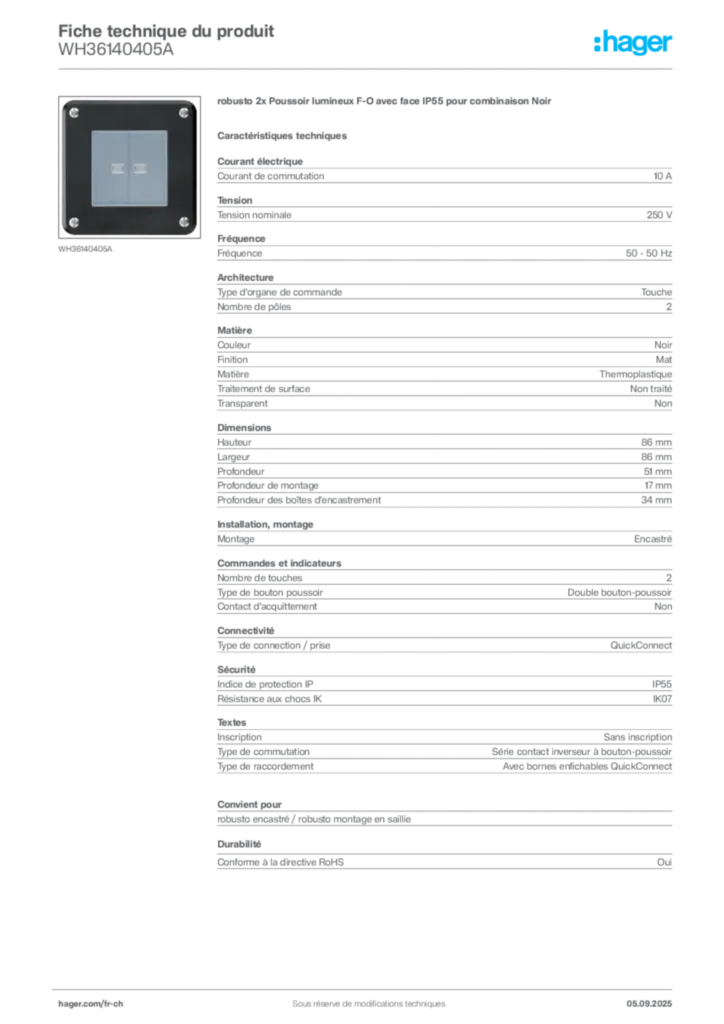 Image Hager Fiche technique du produit WH36140405A | Hager Suisse