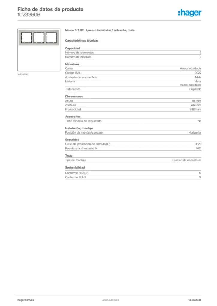 Imagen Hager Ficha de datos de producto 10233606 | Hager España