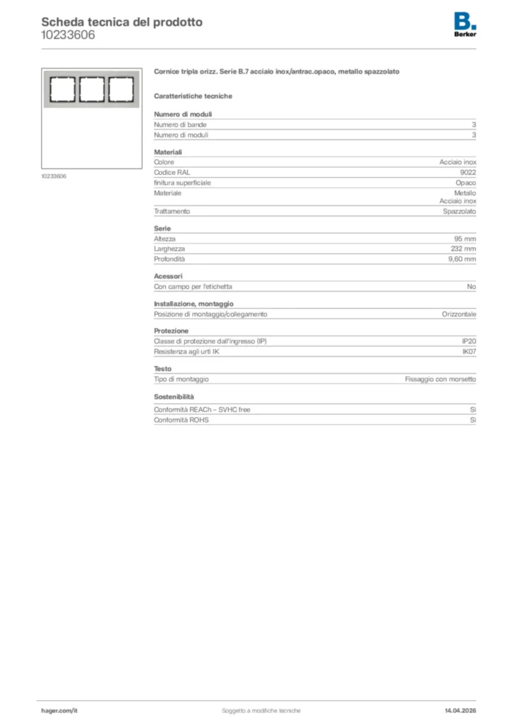 Immagine Berker Scheda tecnica del prodotto 10233606 | Hager Italia