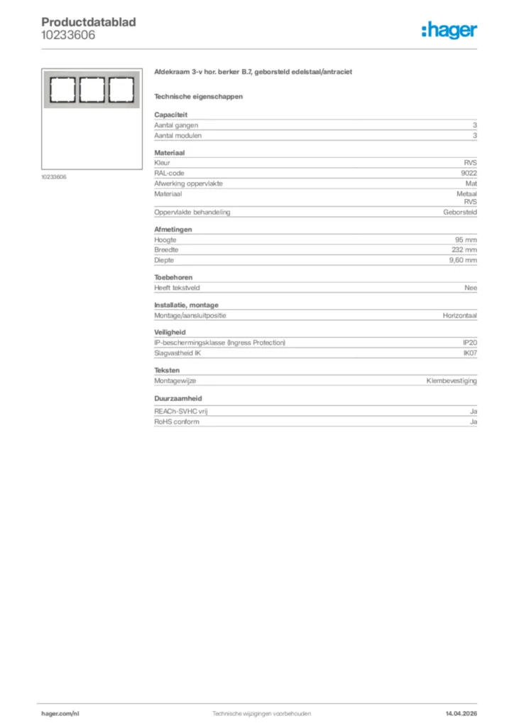 Afbeelding Hager Productdatablad 10233606 | Hager Nederland
