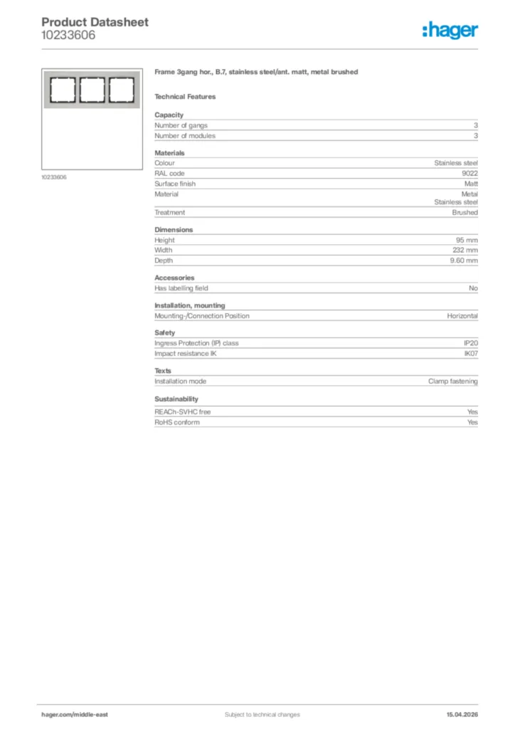 Image Hager Product data sheet 10233606  | Hager