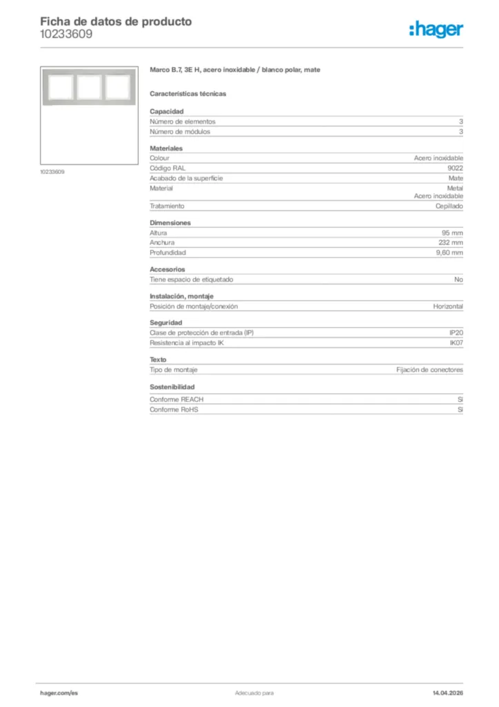 Imagen Hager Ficha de datos de producto 10233609 | Hager España
