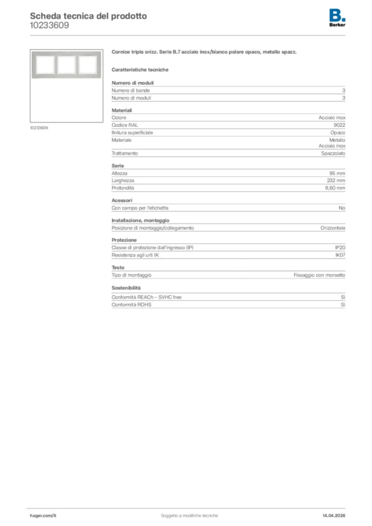 Immagine Berker Scheda tecnica del prodotto 10233609 | Hager Italia