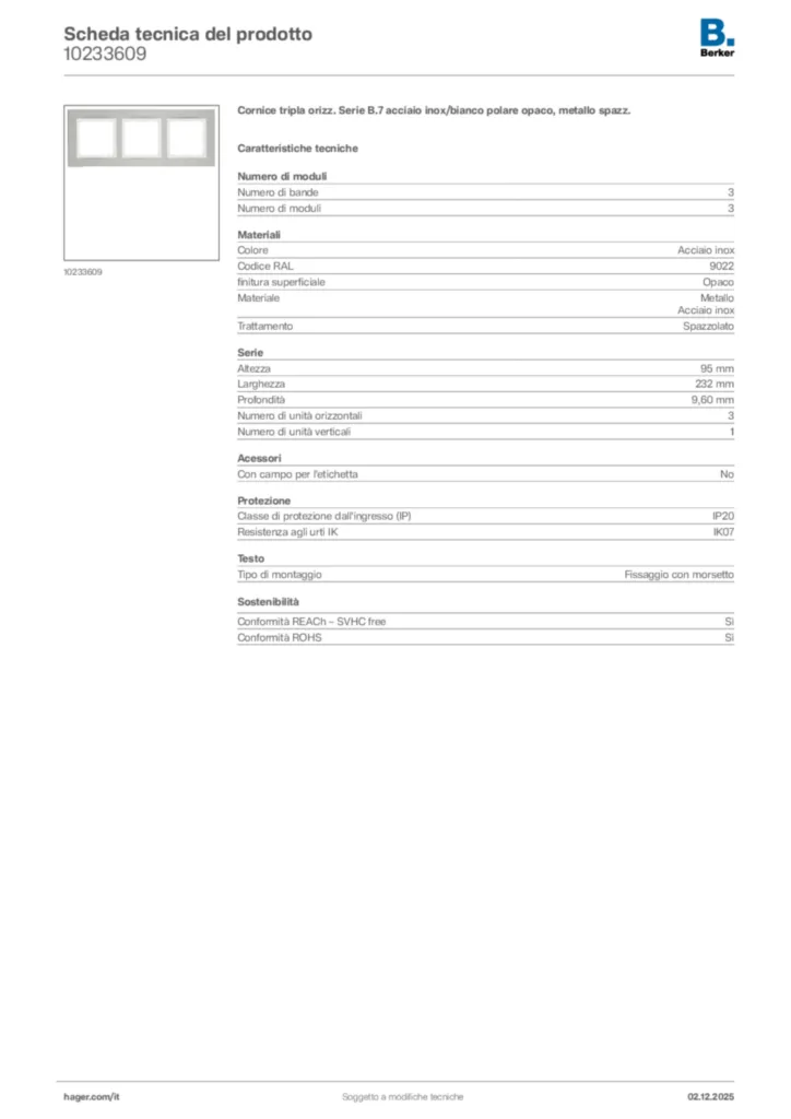 Immagine Berker Scheda tecnica del prodotto 10233609 | Hager Italia