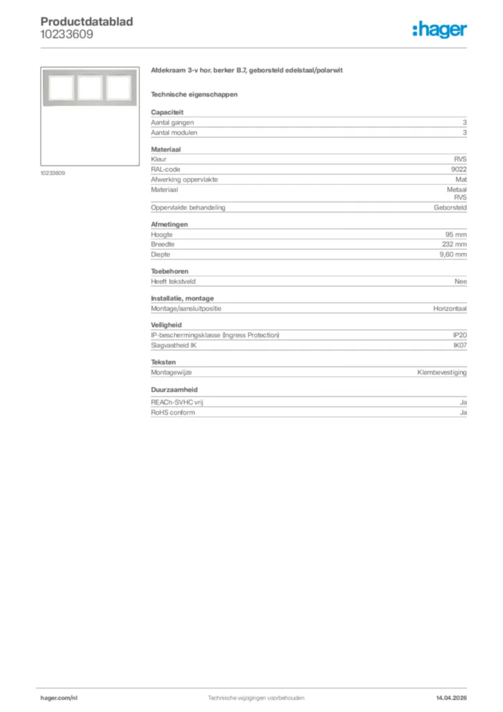 Afbeelding Hager Productdatablad 10233609 | Hager Nederland