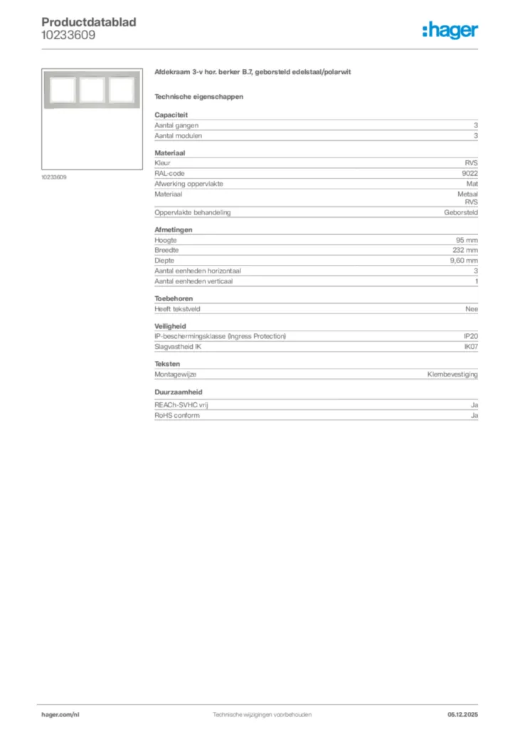 Afbeelding Hager Productdatablad 10233609 | Hager Nederland