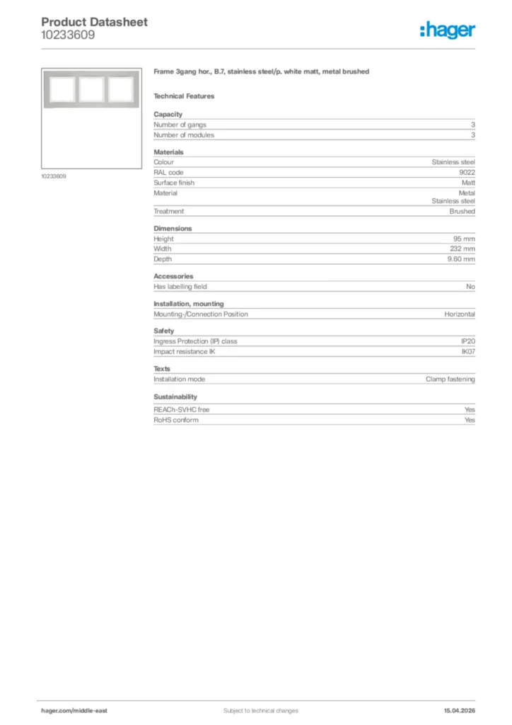 Image Hager Product data sheet 10233609  | Hager