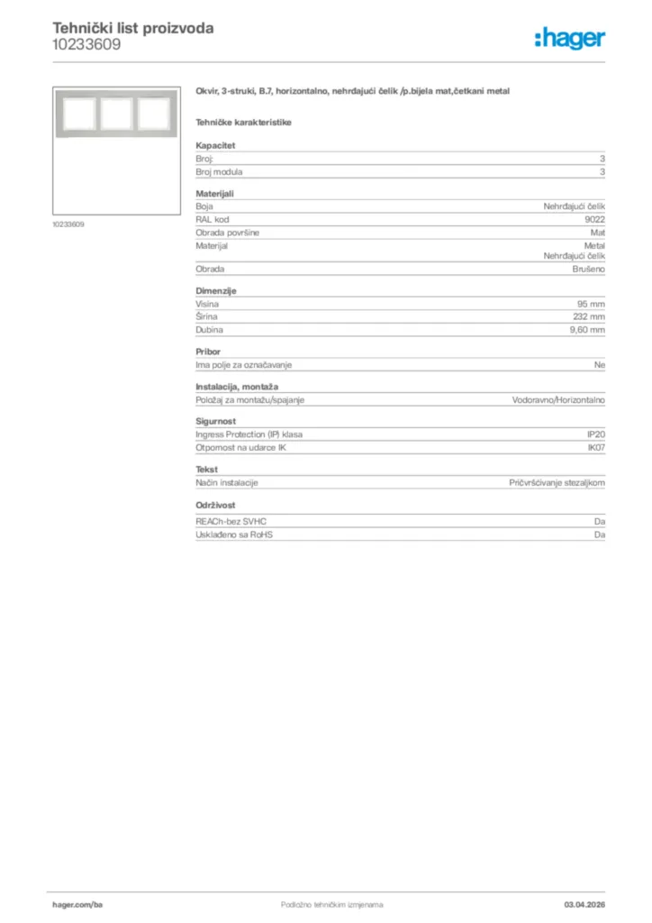 Slika Hager Tehnički list proizvoda 10233609  | Hager