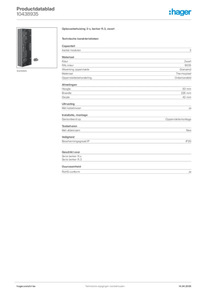 Afbeelding Hager Productdatablad 10438935 | Hager Belgium