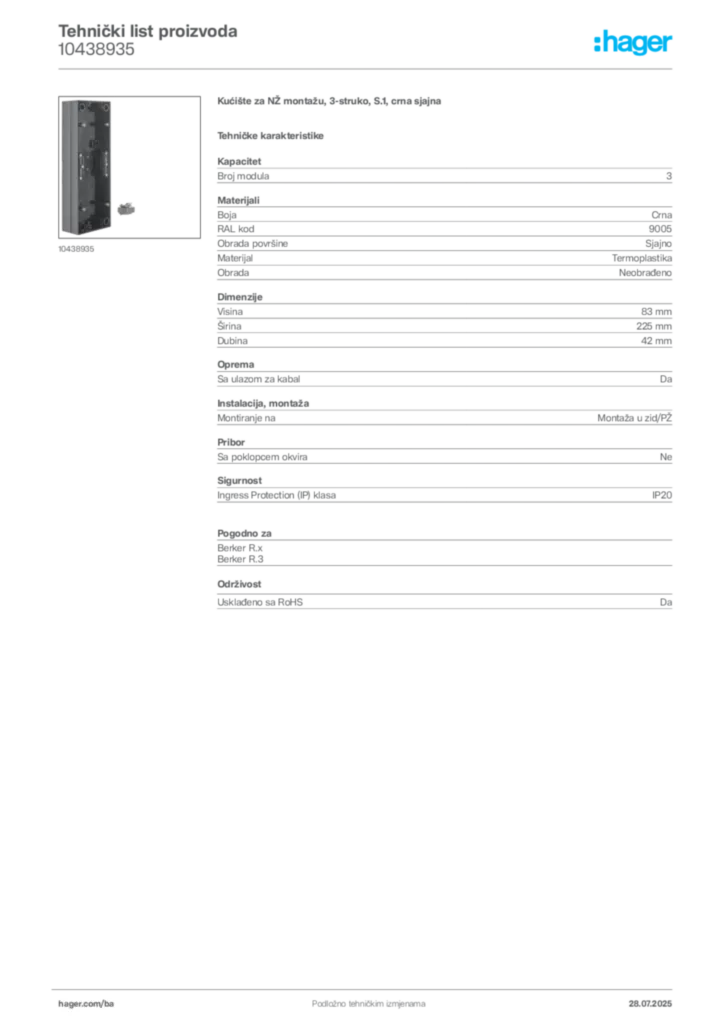 Slika Hager Product data sheet 10438935  | Hager