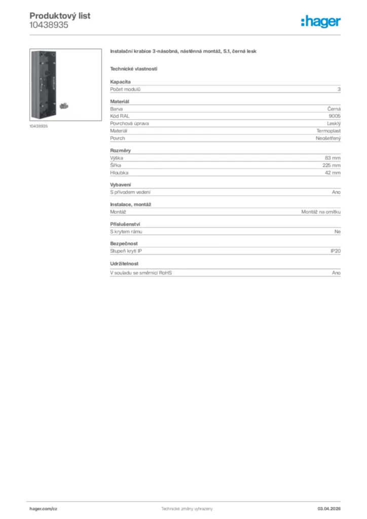 Obrázek Hager Product data sheet 10438935 | Hager