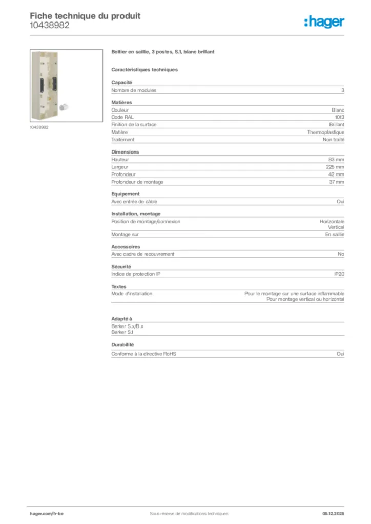 Image Hager Fiche technique du produit 10438982 | Hager Belgique