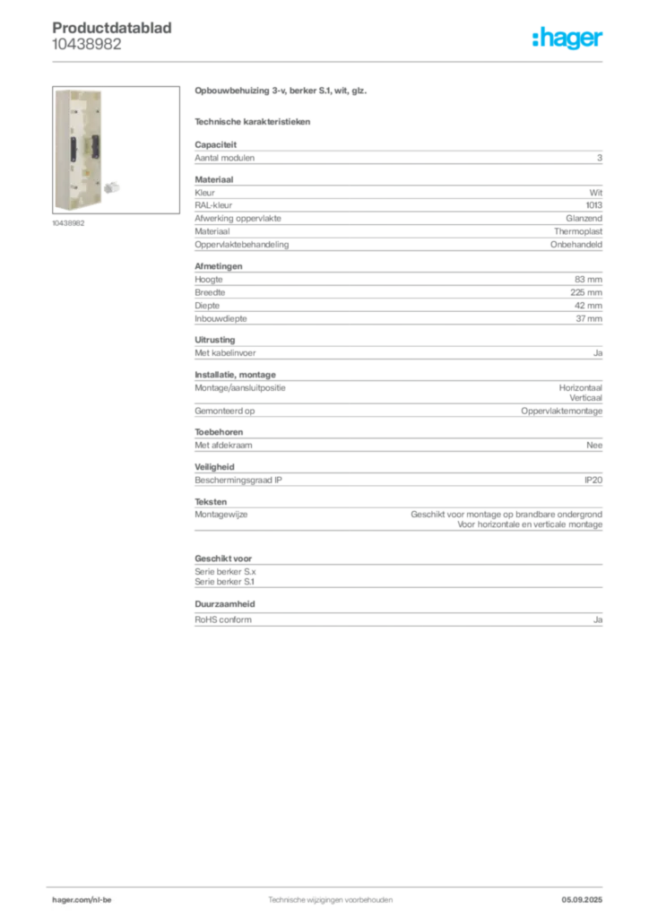 Afbeelding Hager Productdatablad 10438982 | Hager Belgium
