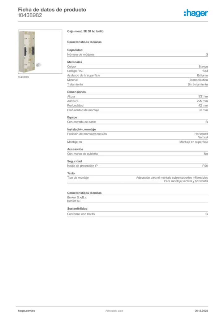 Imagen Hager Ficha de datos de producto 10438982 | Hager España