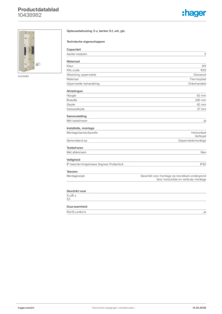 Afbeelding Hager Productdatablad 10438982 | Hager Nederland