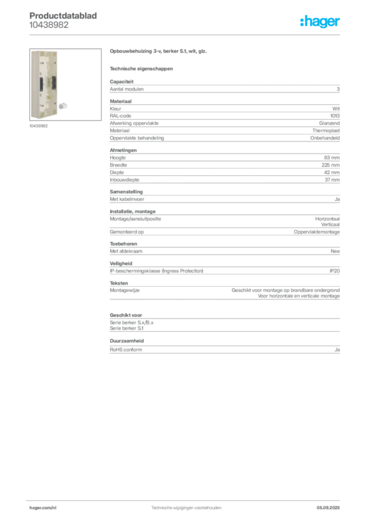 Afbeelding Hager Productdatablad 10438982 | Hager Nederland
