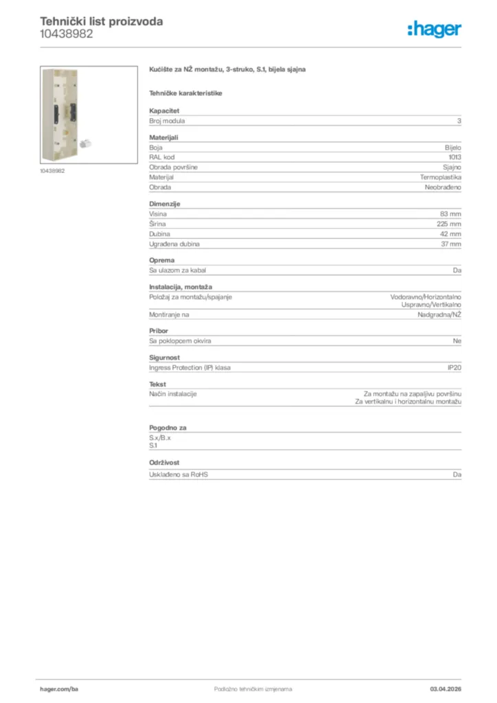 Slika Hager Tehnički list proizvoda 10438982  | Hager