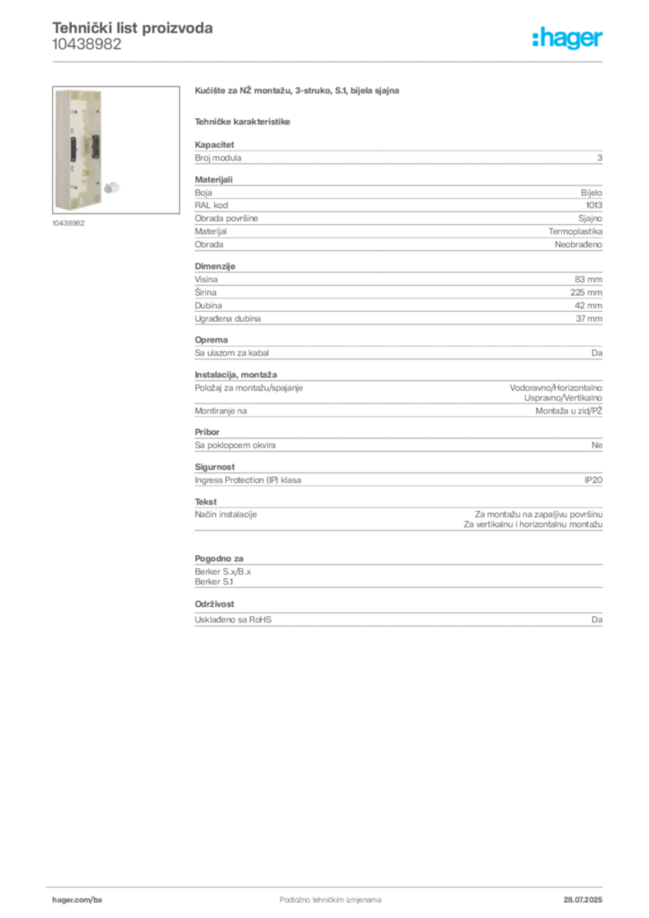 Slika Hager Product data sheet 10438982  | Hager