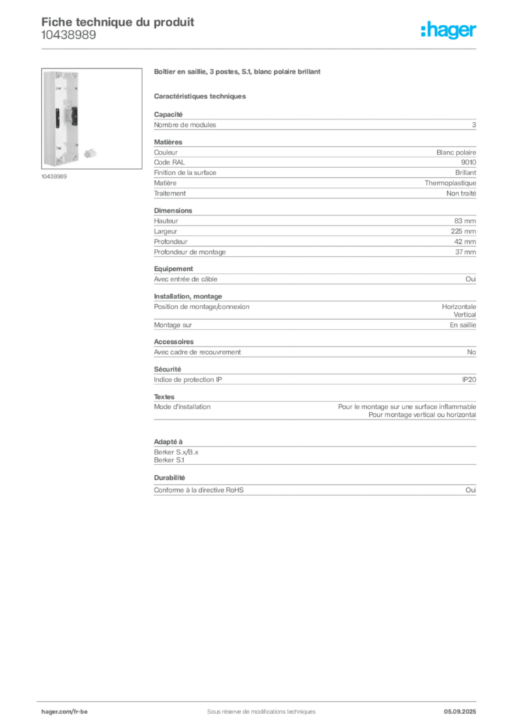 Image Hager Fiche technique du produit 10438989 | Hager Belgique
