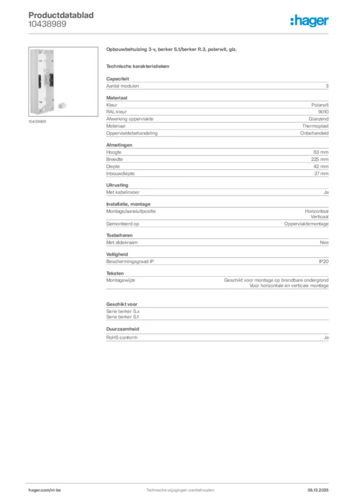 Afbeelding Hager Productdatablad 10438989 | Hager Belgium