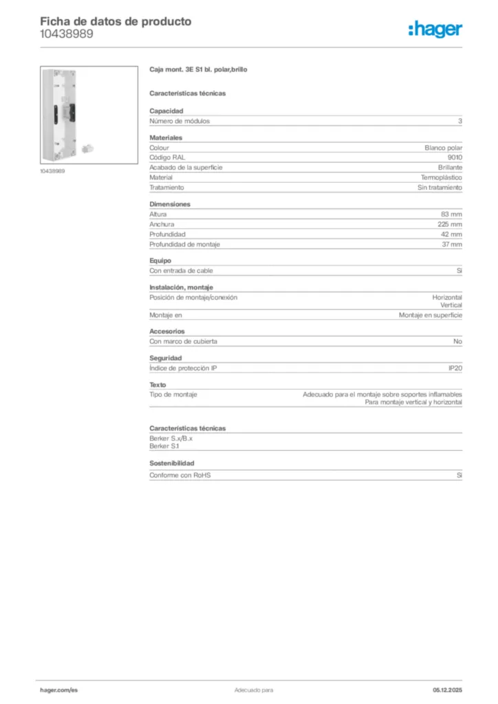 Imagen Hager Ficha de datos de producto 10438989 | Hager España