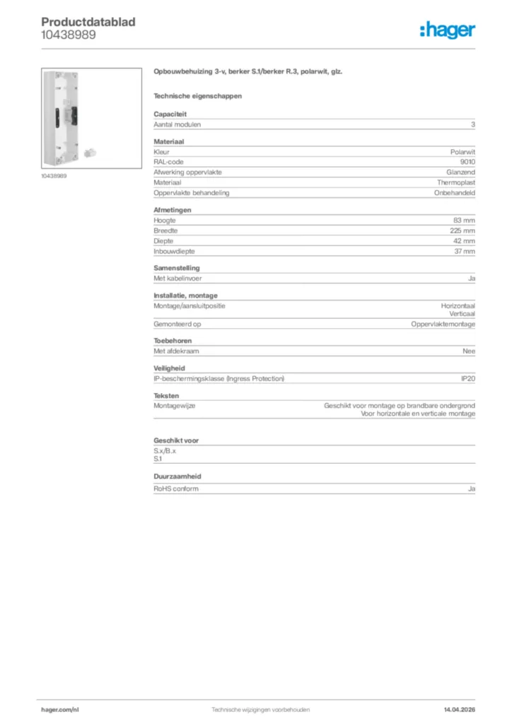 Afbeelding Hager Productdatablad 10438989 | Hager Nederland