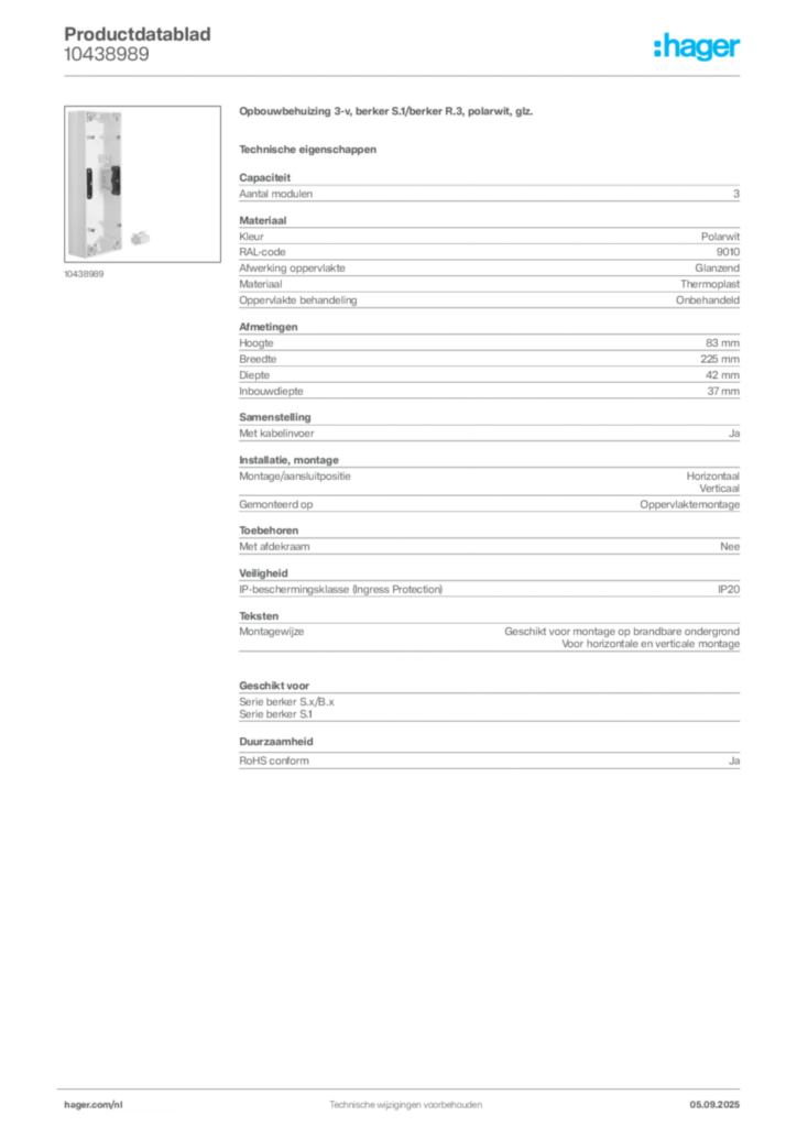 Afbeelding Hager Productdatablad 10438989 | Hager Nederland