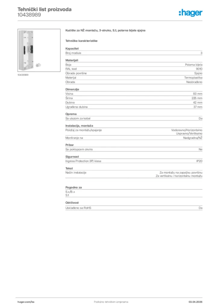 Slika Hager Tehnički list proizvoda 10438989  | Hager