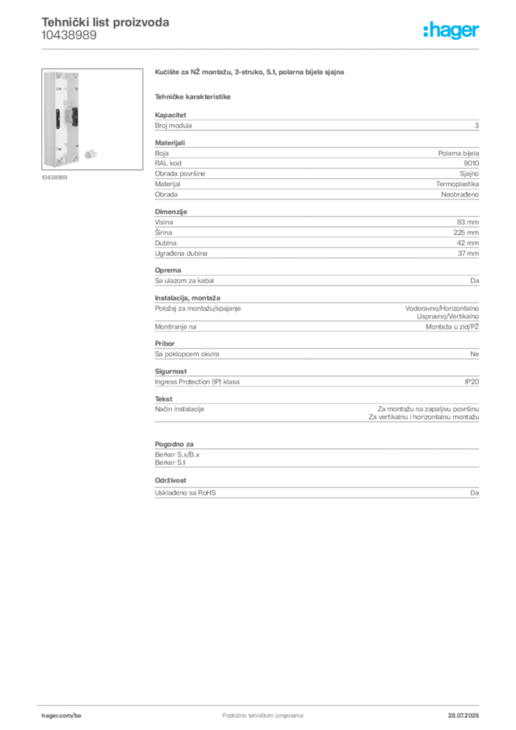Slika Hager Product data sheet 10438989  | Hager
