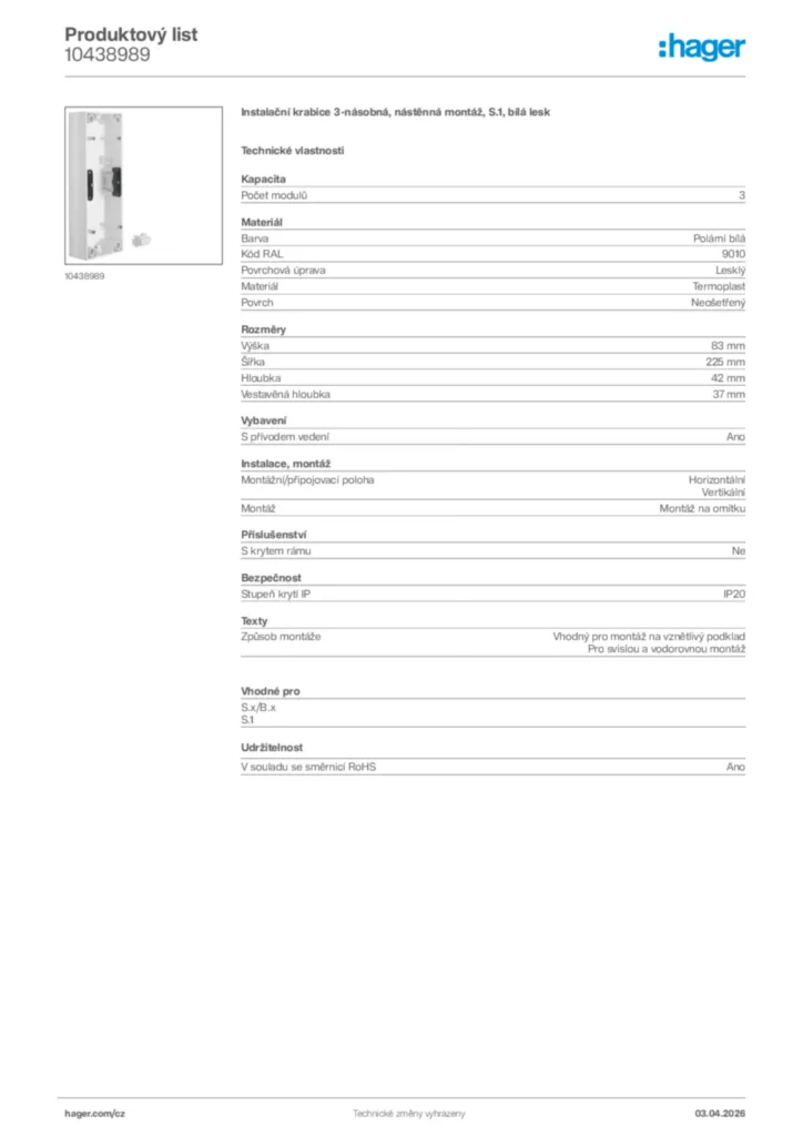 Obrázek Hager Product data sheet 10438989 | Hager