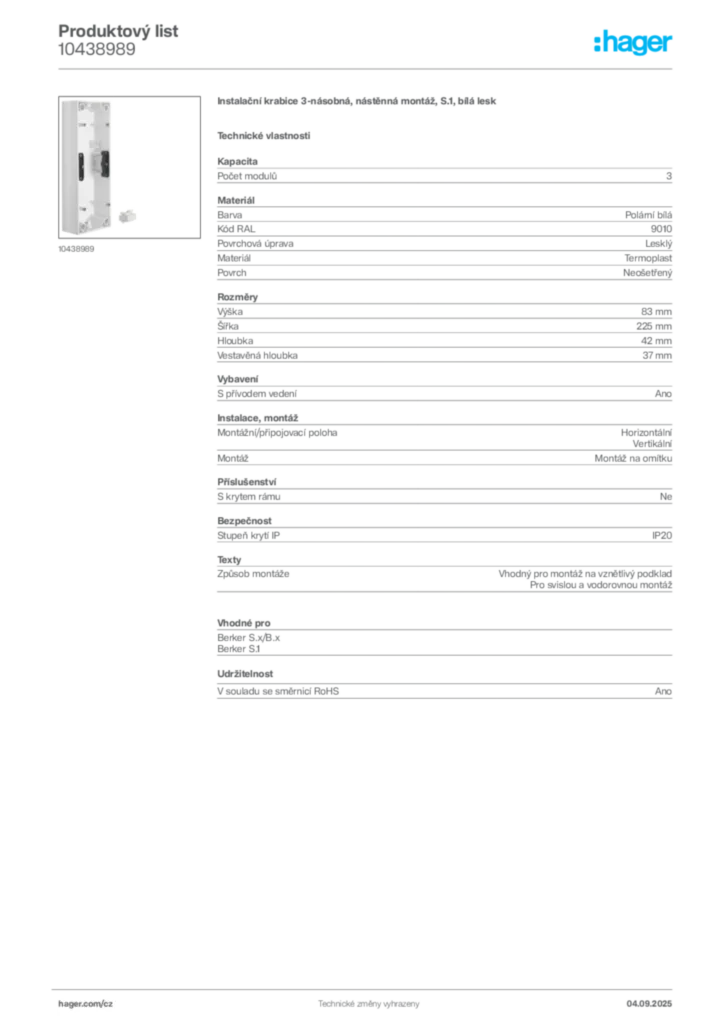 Obrázek Hager Produktový list 10438989 | Hager