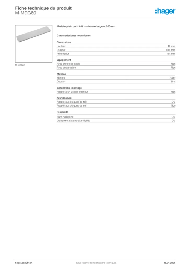 Image Hager Fiche technique du produit M-MDG60 | Hager Suisse