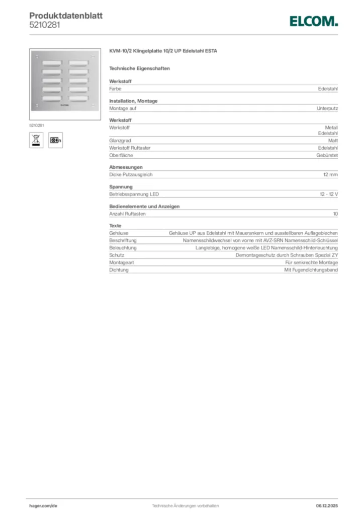 Bild Elcom Produktdatenblatt 5210281 | Hager Deutschland