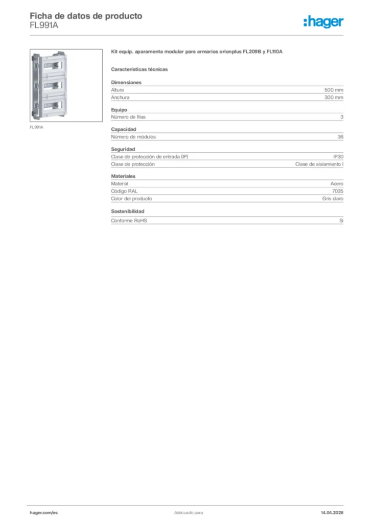 Imagen Hager Ficha de datos de producto FL991A | Hager España