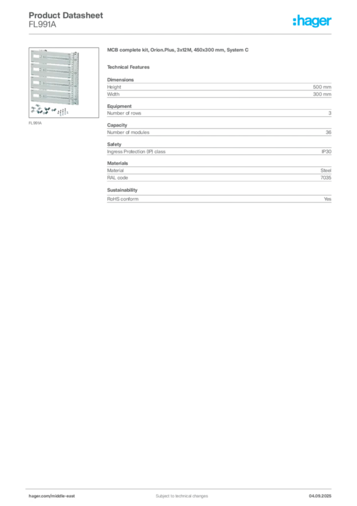Image Hager Product data sheet FL991A  | Hager