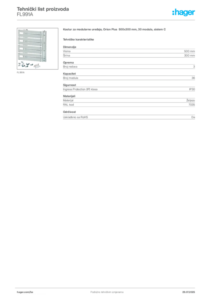 Slika Hager Product data sheet FL991A  | Hager