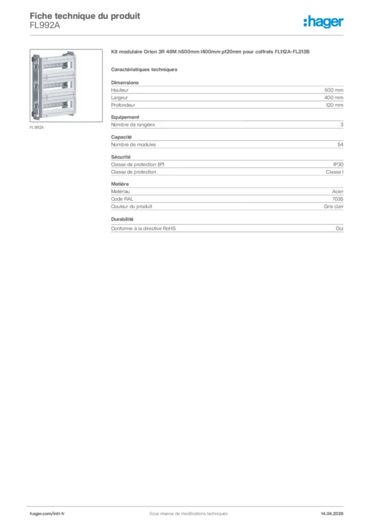 Image Hager Fiche technique du produit FL992A | Hager Afrique