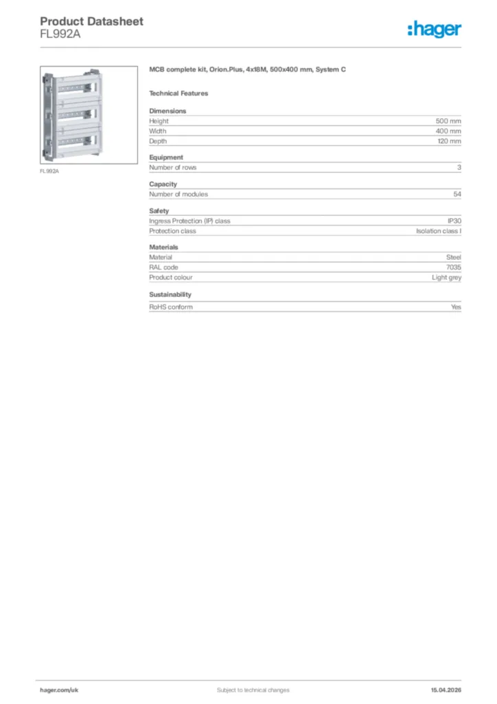 Image Hager Product data sheet FL992A  | Hager