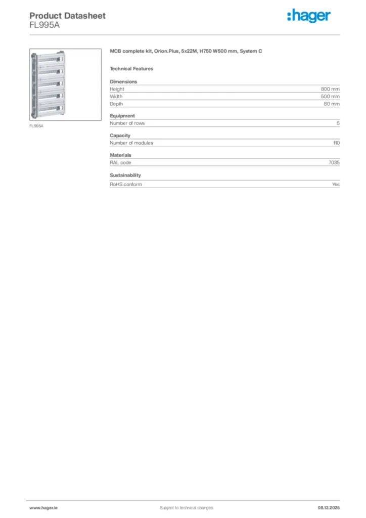 Image Hager Product data sheet FL995A  | Hager