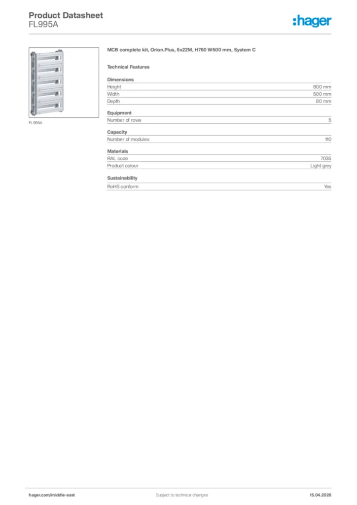 Image Hager Product data sheet FL995A  | Hager