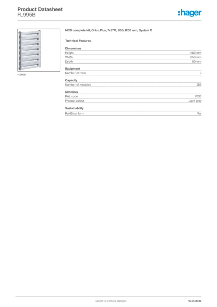 Image Hager Product data sheet FL995B  | Hager Africa