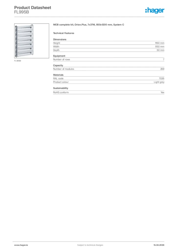 Image Hager Product data sheet FL995B  | Hager