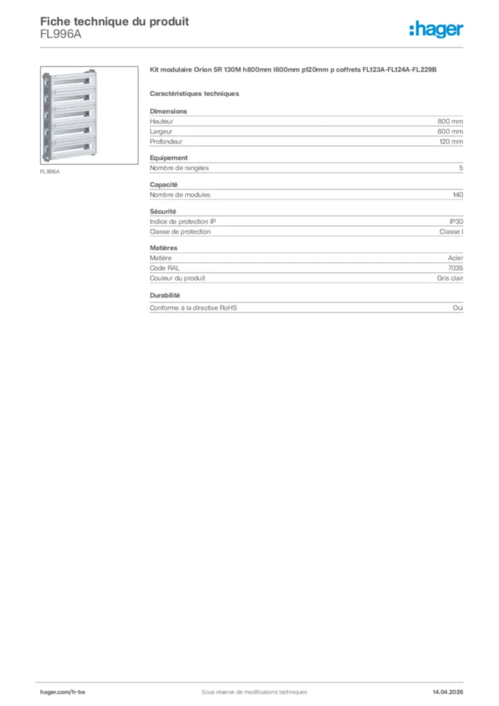 Image Hager Fiche technique du produit FL996A | Hager Belgique