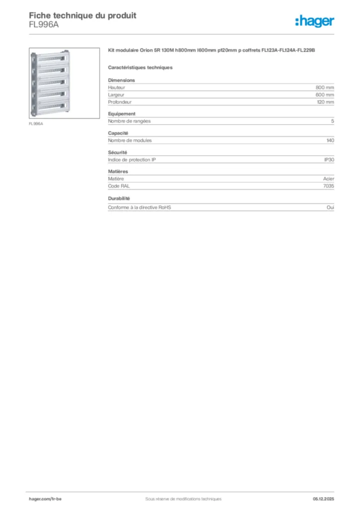 Image Hager Fiche technique du produit FL996A | Hager Belgique
