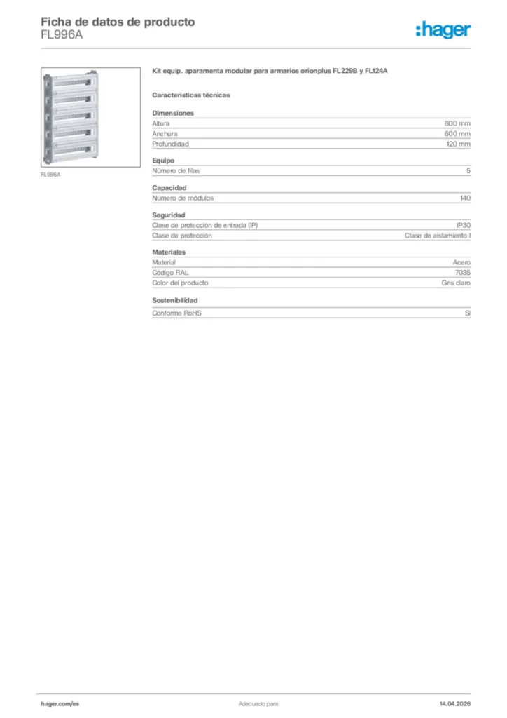 Imagen Hager Ficha de datos de producto FL996A | Hager España